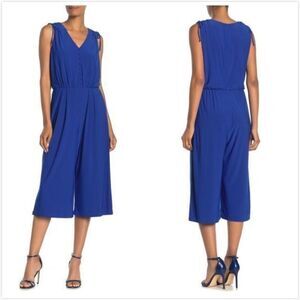 New Eliza J Buttoned Bodice Sleeveless Cropped‎ Jumpsuit Royal Blue Womens Sz XL